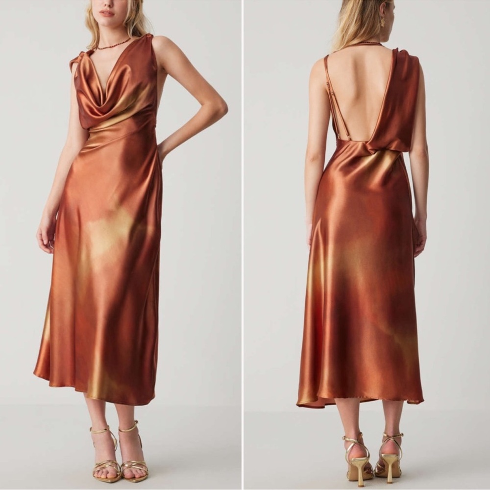 NWT Kelly Obi Rust Satin Cowl Neck Backless Dress